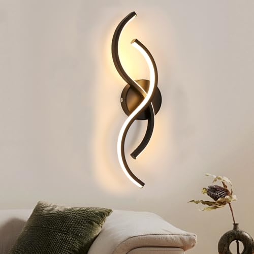 Mckalen Aplique de Pared LED Interior, 15W Lámpara de Pared LED Negro Diseño Curvo 1687LM, 42CM Moderno Luz LED de Pared para Dormitorio Sala de Estar Pasillo, Blanco Cálido 3000K