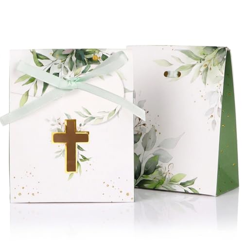 COMOOKA Gastgeschenke Kommunion Grün - 50 Stück 8x4x10cm Konfirmation Geschenkboxen mit Eukalyptus Design - Inkl. Geschenkanhänger & Bänder - Gastgeschenk Box zur Taufe Kommunion Firmung Hochzeit