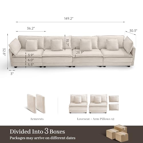 Image of Corduroy Sectional Couch, 4 Seater 149.2 inch Cloud Couch, Modular Deep Seat Sofa with Pillows for Living Room, Apartment, Beige