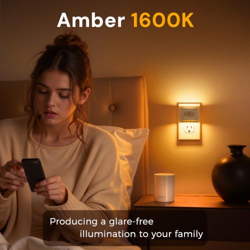Image of L LOHAS LED Motion Sensor Night Light, Night Lights Plug into Wall, Amber | Plug in Night Light with Dusk to Dawn Sensor, 30-100lm Adjustable Brightness, White Housing 2 Pack