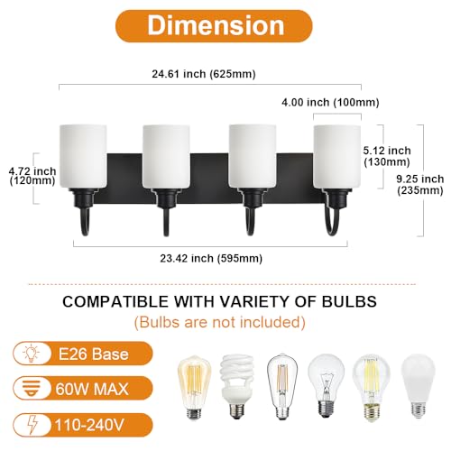 Image of 4 Light Vanity Light Fixture,Matte Black Wall Sconces Lighting with Opal White Glass Shade Metal Interior Bathroom Lights Over Mirror for Hallway Bedroom