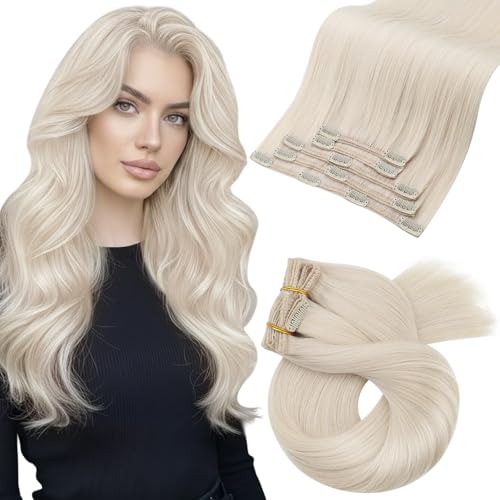 Image of Moresoo Blonde Clip in Extensions Human Hair White Blonde 18 inch 80g 5pcs | Human hair clip in extensions, white blonde shade, remy human hair, invisible double weft, lightweight for fine hair