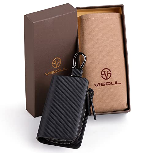 Image of VISOUL Car Key Case Holder Double Zipper, Leather Car Smart Key Fob Case with Keychain for Men and Women