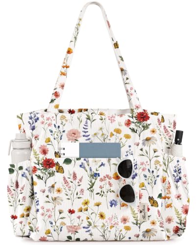Miss Adola Large Corduroy Tote Bag for Women with Zipper, Vintage Flower