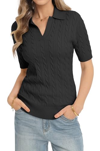 Image of QUALFORT Cable Knit Women's Short Sleeve Sweater Soft V Neck Polo Tops