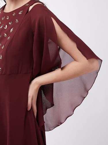 Image of Miss Chase Women's Round Neck Sleeve Embellished Fit Flare Maxi Dress