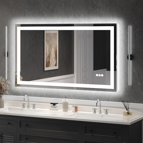 USHOWER LED Bathroom Mirror 55x30 Inch Tempered Glass - Frameless LED Backlit Lighted Mirror for Bathroom Vanity with Anti-Fog, 3 Colors Dimmable, Memory Function, Wall-Mounted