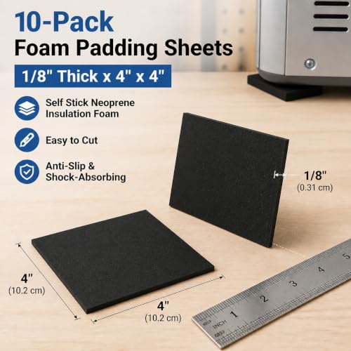 Image of Foam Padding Sheets - 1 /8 inch Thick Self Stick Neoprene Insulation Foam, 4 inch L x 4 inch W x 1 /8 inch H, 10 Pack (10, 4in X 4in X 1 /8in)