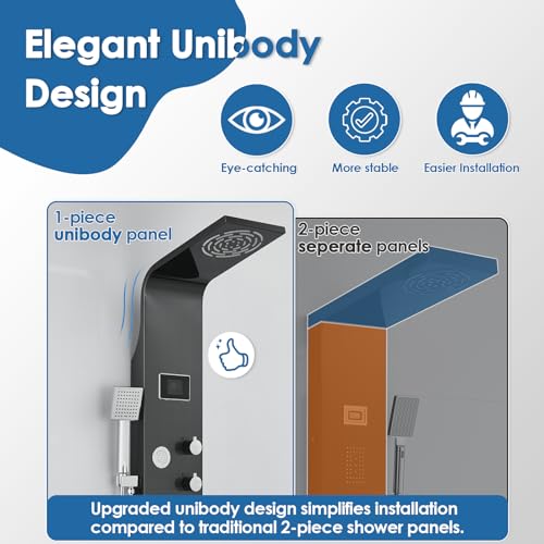 ROVOGO Unibody Shower Panel Tower with 4 Modes (Rainfall Shower, Body Jets, Handheld and Tub Spout), No Battery Needed Led Lights and Temp Display, 304 Stainless Steel Shower Column, Black