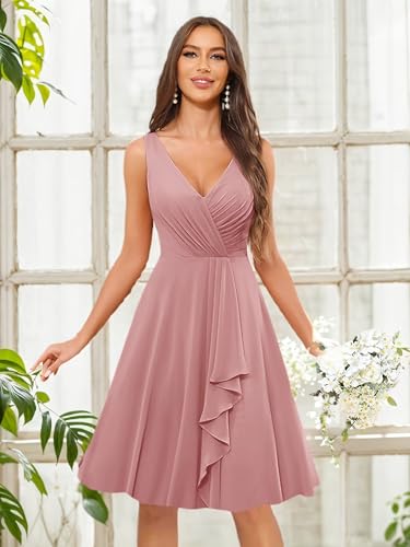 Women's Short Sleeve Bridesmaid Dresses for Wedding Ruffle Chiffon Short Wedding Guest Dresses2