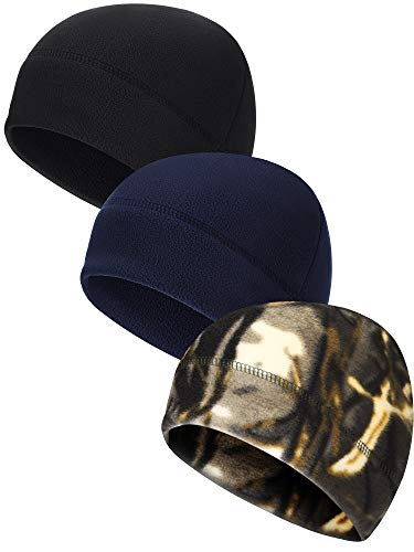 Syhood 3 Pieces Winter Warm Skull Cap Soft Polar Fleece Beanie Hat Thick Windproof Watch Cap Skiing Outdoor Cap for Men Women (Dark Blue, Black, Camouflage)