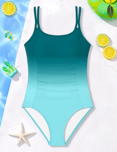 Image of CRISONE Girls One Piece Swimsuits Adjustable Straps Bathing Suit Color Block Padded Pool Beach Swimwear 9-16Y