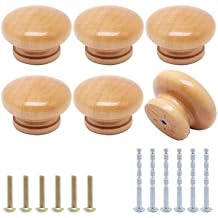 6pcs Wooden Cabinet Knobs, Wood Dresser Knobs Kitchen Cabinet Knob Modern Round Knob for Furniture Cupboard Dresser Drawer Closet Door Natural Wood Finished, 45mm