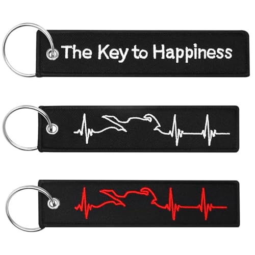 VOSSOT 3 Pcs Schlüsselanhänger Personalisiert Motorrad – Bestickt & Kratzfest – Bestickt mit The Key To Happiness, Weißem Ekg & Rotem Herzschlag – Schlüsselanhänger Motorrad für Auto Moped Biker