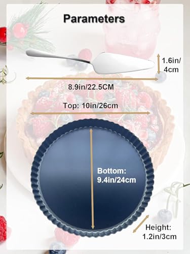 Image of 10 Inch Round Quiche Pans with Pie Server. Removable Bottom, Non-Stick Coating, Rugged Carbon Steel for Tart Quiche Pie Cake Baking. Gift for Women Wife Christmas Thanksgiving Party Festival