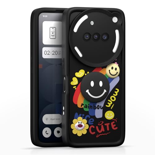 Image of Pikkme Back Cover for Nothing Phone 3a 5G | Soft Silicone| Cute Rainbow Smile & 3D Cartoon Flower Design | Shockproof Raised Camera Protection Bumper Case (Black)