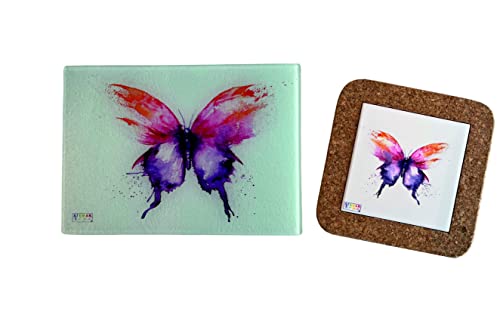 Set de découpe en verre + sous-tasse en suisse avec plaque - impression papillon Cover