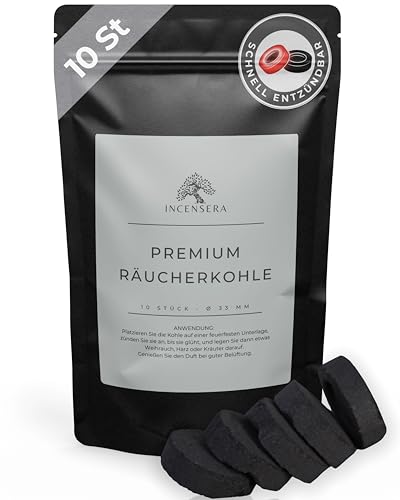 Incensera Räucherkohle – 10 selbstzündende Kohle-Tabletten | Für Weihrauch, Harze, Bakhoor & Kräuter – Einfaches Räuchern zu Hause