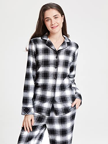 SIORO Button Up Pajama Set For Women Flannel Plaid Sleepwear Long Sleeve Shirt And Pajama Pants Soft Pjs Lounge Sets4