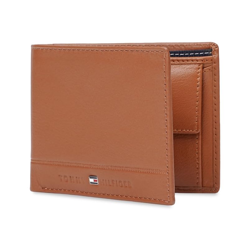 Image of Tommy Hilfiger Men's Leather Global Coin Wallet Colatina - Tan | Slim Bifold with 4 Card Slots, 2 Bill CompartMen'sts & 6-Month Warranty | Stylish Purse for Men's