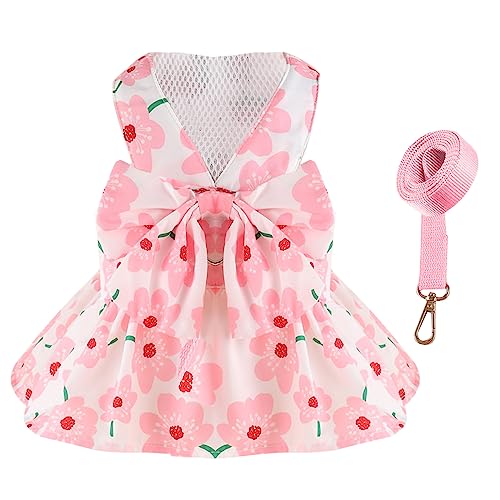 UETZLTB-Small-Dog-Harness-Dress-and-Leash-Set-Cute-Bowknot-Puppy-Cat-Princess-Dress-for-Small-Dogs-Girl-Summer-Pet-Dog-Clothes-Soft-Mesh-Floral-Fruit-Print-Female-Dog-Dress-Outfits-PinkXS