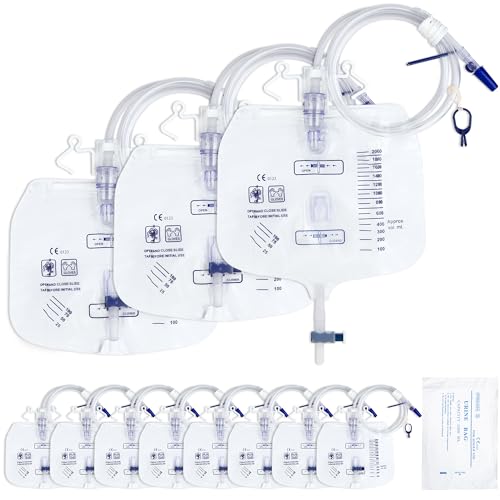 2000mL Sterile Urinary Drainage Bag, 10 Pack Overnight Catheter Bags with Anti-Reflux Drip Chamber, Professional Men Women Urine Bags with 48