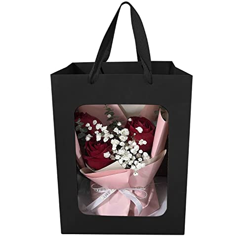 BallHull 12 Pcs Black Kraft Paper Gift Bags with Transparent Window, 9.84\"x7.0\"x5.12\" Kraft Shopping Bags with Handles for Bouquet Christmas Birthdays Festivals Party Weddings Wrapping