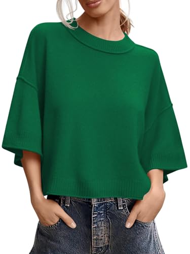 Image of Women's Short Sleeve Cropped Sweaters 2025 Summer Oversized Loose Fit Drop Shoulder Casual Sweater Tops