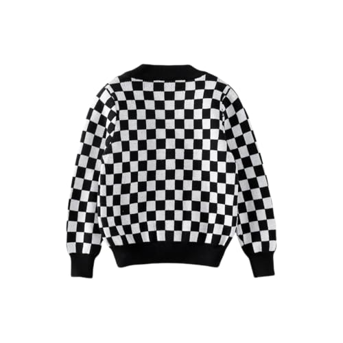 Girls' Long Sleeved Knitted V-Neck Top Button Checkered Trendy Jacket Knitted Cardigan2