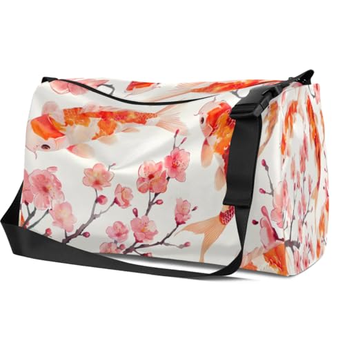Leather Travel Duffle Bag for Women Men, Watercolor Koi Fish Cherry Blossoms Small Sports Gym Bag Weekender Overnight Bags Underseat Carry on Luggage Bags for Airplanes,A-8283