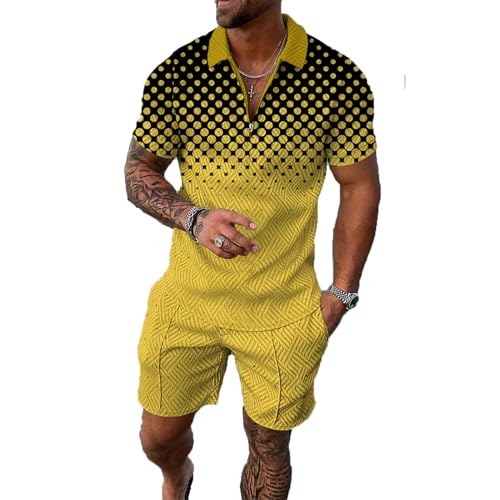 BIRW Size L Yellow Black Dot Mixed Mens Short Sets 2 Piece Outfits Polo Shirt Fashion Summer Tracksuits Casual Set Short Sleeve and Shorts Set for Men