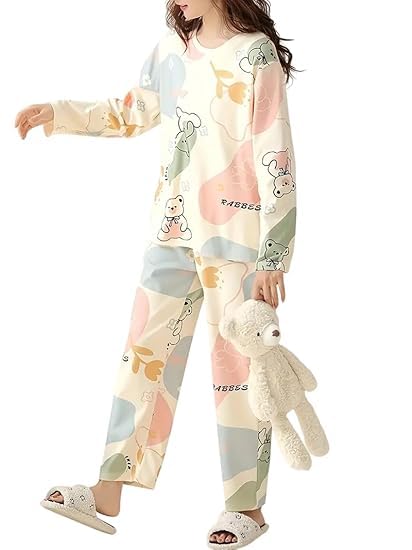 Image of Women's Pajama Set with Top & Pants|| Korean Night Wear|| Loose Fit Home Wear || Lightweight Printed Set || Soft & Comfy Girls & Women