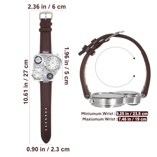 NICERIO Mens Big Face Watch - Cool Wrist Watch Genuine Leather Strap Dual Time Zone Sport Watch Analog Quartz Display with Thermometer Compass