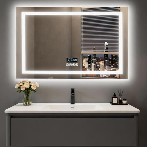 Luvodi Espejo Baño Led Bluetooth, 60x80cm Espejo Baño Con Luz Rectangular, Espejos De Pared Con Función Antivaho, Memoria, 3 Color De Luz Regulable, Reloj, Temperatura, Fecha, 4 Botones Táctiles, Ip66 Luvodi Espejo Baño Led Bluetooth, 60x80cm Espejo Baño Con Luz Rectangular, Espejos De Pared Con Función Antivaho, Memoria, 3 Color De Luz Regulable, Reloj, Temperatura, Fecha, 4 Botones Táctiles, Ip66