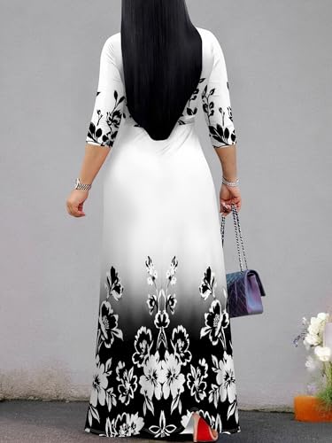 Image of SUZONANA Plus Size Dresses for Women Floral Print Maxi Dress Flowy 3 /4 Sleeve with Belt