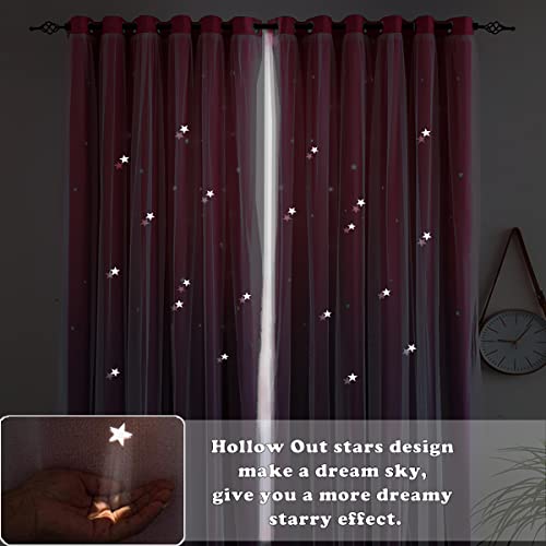 Image of Yancorp Curtains for Girls Bedroom Kids Curtain Hollow-Out Star Window Drapes Curtain 63 inches Length Room Darkening Grommet 2 Layers(Pink Purple,W34*L63)