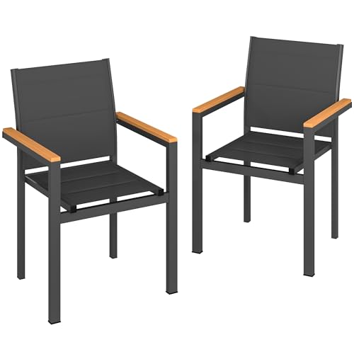 Outsunny Set 2 Sedie da Giardino Impilabili Imbottite in Texteline, Sedie per Pranzo da Esterno in Alluminio con Braccioli Effetto Legno, per Patio Balcone Terrazza Esterno, 56x55x85 cm, Grigio Scuro
