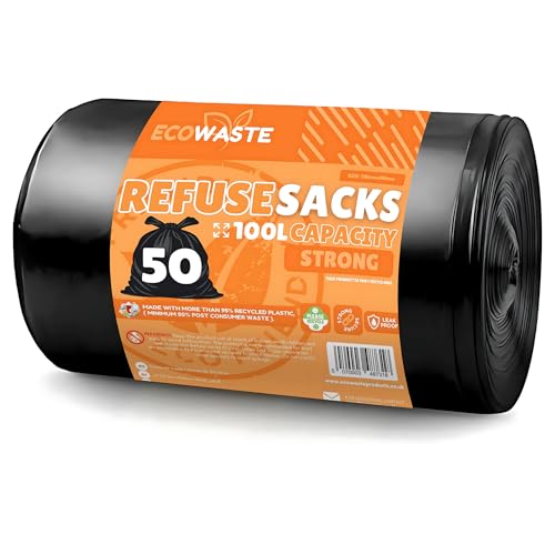 ECOWASTE™ 50 Everyday 100L Large Strong Heavy Duty Strong & Secure, Refuse Sacks, Bin Bags, Bin Liners, Flat Top, Recycled, Tear Resistant, 35 μm, Perfect for Everyday Use, Household, Kitchen