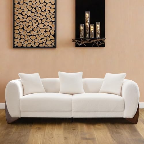 Image of 87 inch Sherpa Boucle 3 Seater Sofa Modern Cloud Couch with Solid Wood Legs, 25in Extra Deep Seat, Comfy Thick Cushion Upholstered Sofa Couches with 3 Pillows for Living Room, White