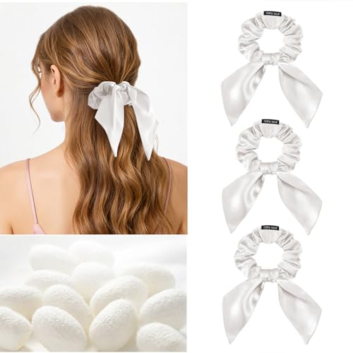 Image of THXSILK 100% Mulberry Silk Bow Scrunchies 3-Pack, 22 Momme Mulberry Silk Hair Ties for Women, Cute Bunny Ear No Damage Ponytail Holders, Fashion Hair Accessories for Girls(M, Pearl White)