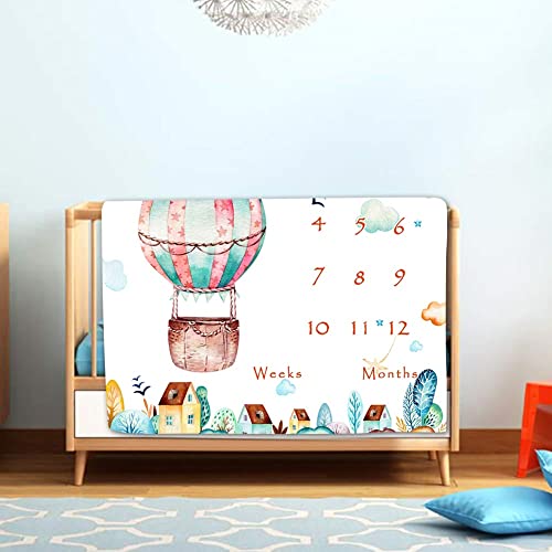 Image of Baby Monthly Milestone Blanket, City Cartoon Hot Air Balloon Baby Growth Chart Memory Blanket, 48x40 Inch Newborn Swaddle Blanket Nurse Receiving Blanket BTMLLY74