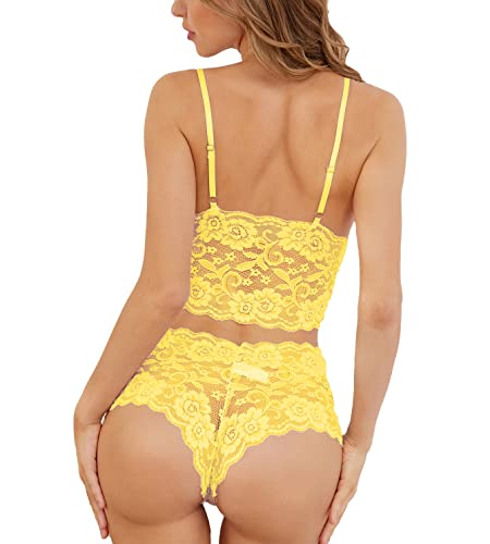 Lilosy Sexy Women Floral Lace Lingerie Set Pajamas High Waist Sheer Sleepwear See Through Nightwear Cami Shorts Bra and Panty 2 Piece Yellow Medium