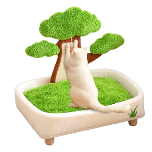 猫用ベッド 松の木鉢植え型猫ベッド ぬいぐるみボール&爪とぎ付き パイン材の猫用爪とぎボード 耐摩耗性 取り外し可能・洗濯可能なペット用室内用ベッド 冬用快適ベッド 寝室・リビングルーム用