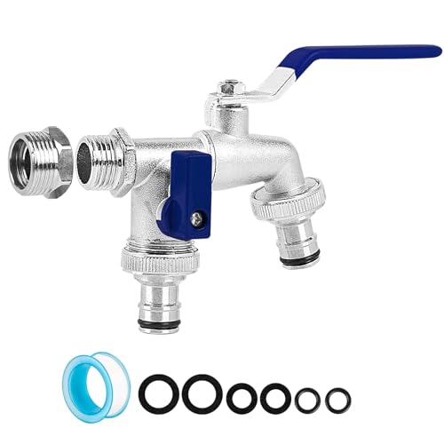 Brass Double Garden Tap - Universal 3/4 & 1/2 Inch Dual Outlet Frost Resistant Outdoor Water Tap with 2 Hose Connectors for Patio & Lawn