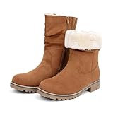 VJH confort Women's Mid Calf Boots Slouchy Riding Combat Low Heel Fur Lined Winter Zipper Booties (cognac 8)