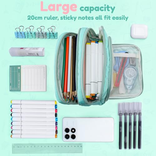 Euqvunn Pencil Case, Large Capacity Pen Case with 3 Compartments, Stationery Pouch for School & Office Supplies, Cyan - Image 2