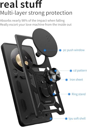 Image of Casodon Heavy Duty Back Case Cover for Honor X9A 5G, Shockproof Honor X9A Back Cover, Ring Case with Kickstand and Camera Protection Shutter - Black