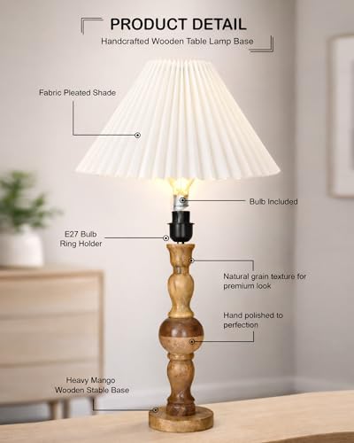 Image of Homesake Wooden Bubble Design Table Lamp for Bedroom & Living Room | Home Decor Lighting | Nightstand Lamp | Reading Lamp | Vintage | Minimalist | Modern Bedside Lamps, (Pleated White Shade)