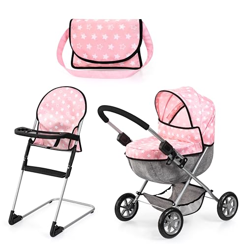 Cochecito de muñeca Cosy plegable con trona para muñeco bebé y bolsa Bayer Design