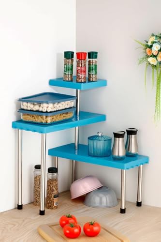 Image of Rack for Kitchen Storage, Corner Shelf for Kitchen, Organizer Rack, 3 Tier Spice, Oil Stand, Tabletop Adjustable Rack for Makeup, Office(Blue)